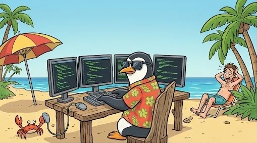 A penguin in a Hawaiian shirt working at a four-monitor desk on a tropical beach, watched by a baffled sunbather.