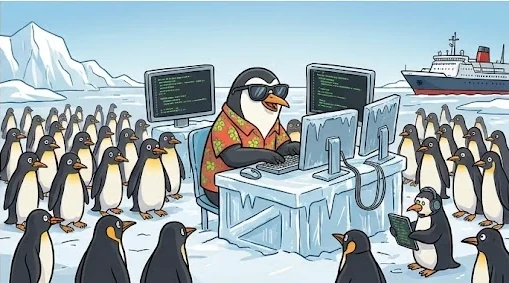 The penguin at a desk carved from ice in Antarctica, with a crowd of other penguins gathered to watch.