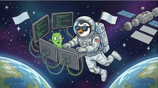 The penguin in a spacesuit, tethered to two monitors in orbit above Earth, with a small green alien nearby.