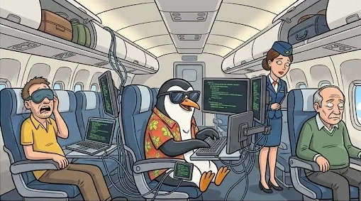 The same penguin running four screens from an economy airline seat, to the alarm of the other passengers.